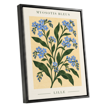 Blue Blooms of Lille, blue, green, beige floral wall art shown as a black framed canvas wall art