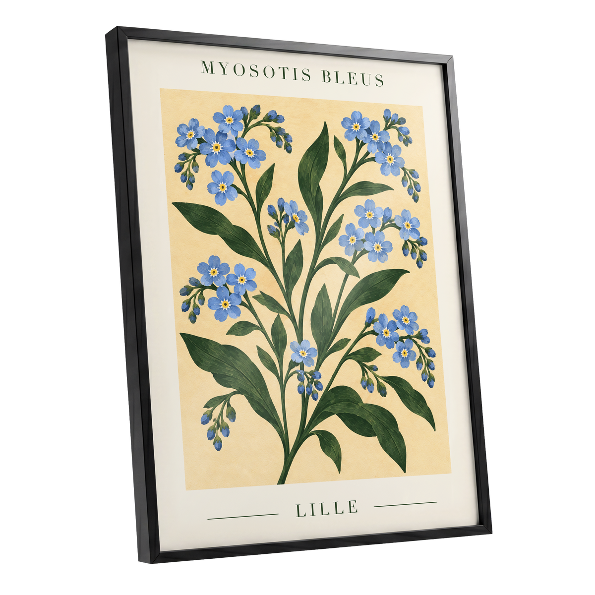 Blue Blooms of Lille, blue, green, beige floral wall art shown as a black framed poster wall art print