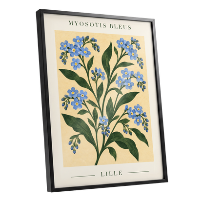 Blue Blooms of Lille, blue, green, beige floral wall art shown as a black framed poster wall art print