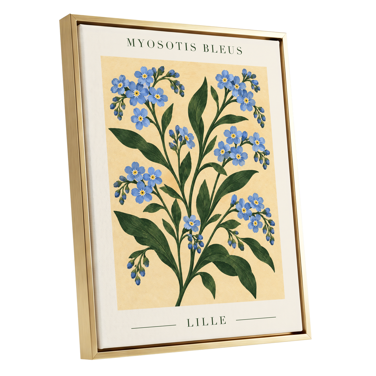 Blue Blooms of Lille, blue, green, beige floral wall art shown as a gold framed canvas wall art
