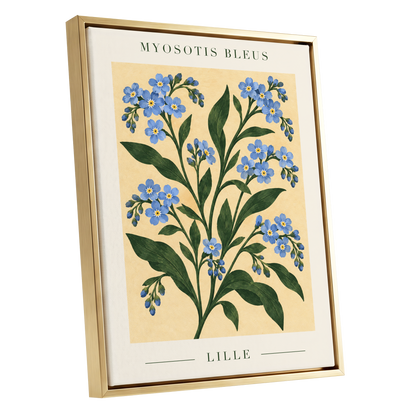 Blue Blooms of Lille, blue, green, beige floral wall art shown as a gold framed canvas wall art