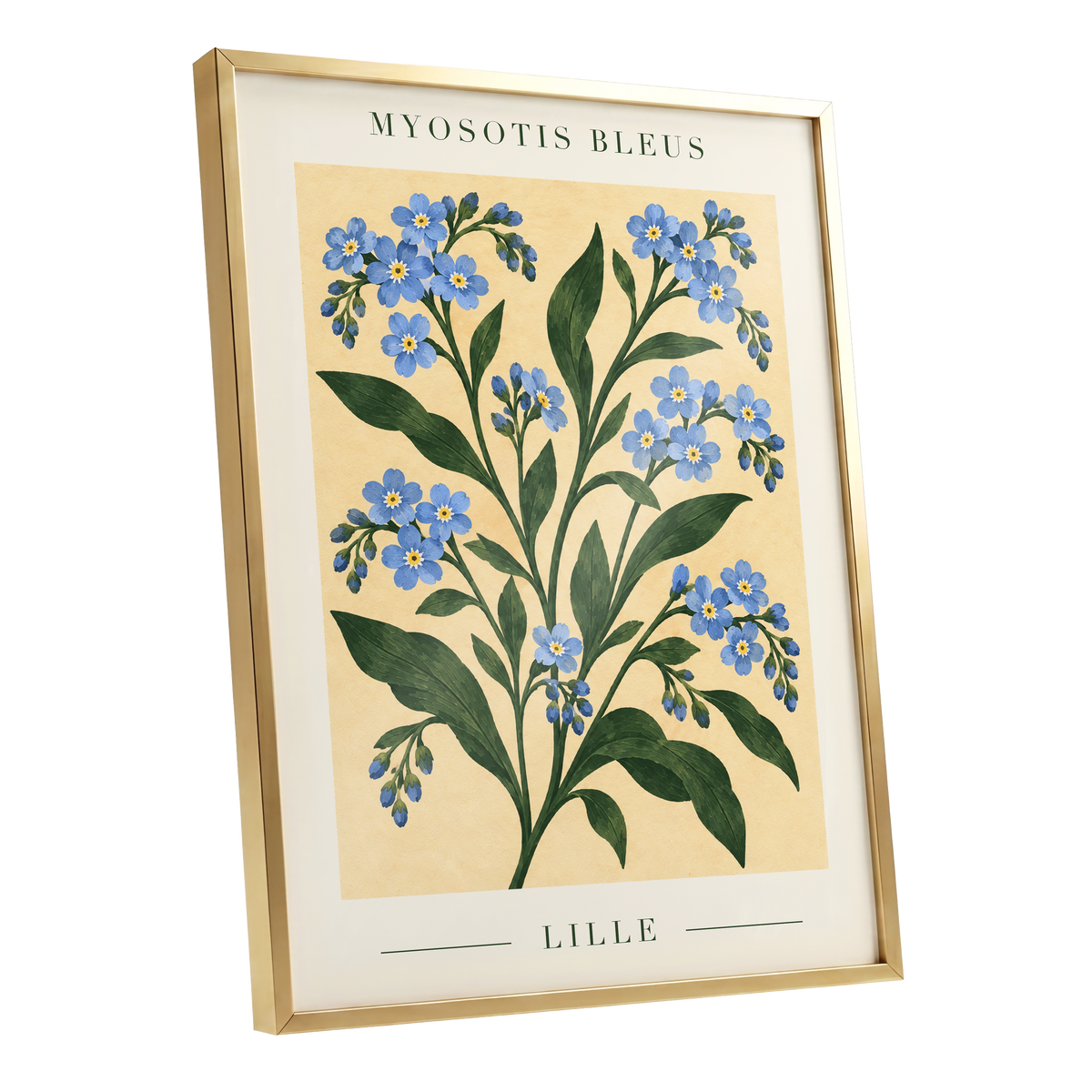Blue Blooms of Lille, blue, green, beige floral wall art shown as a gold framed poster wall art print