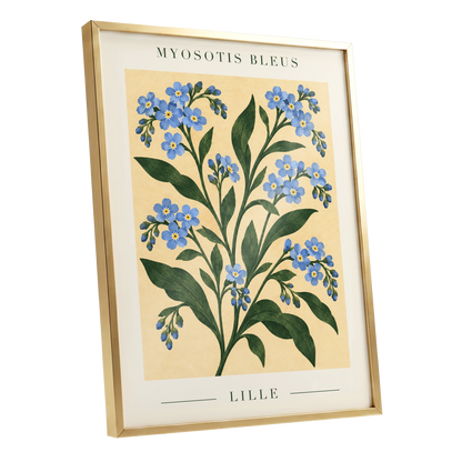 Blue Blooms of Lille, blue, green, beige floral wall art shown as a gold framed poster wall art print
