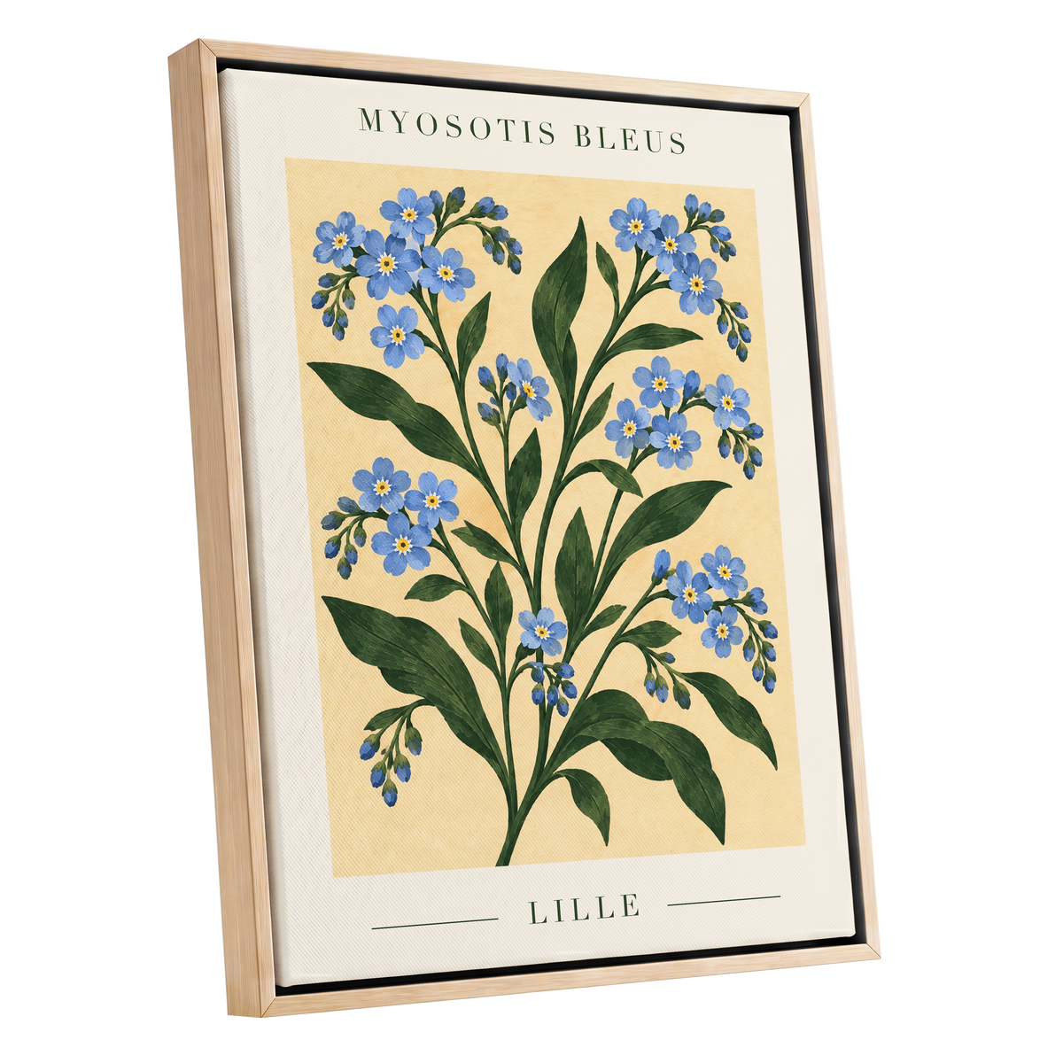 Blue Blooms of Lille, blue, green, beige floral wall art shown as a oak framed canvas wall art