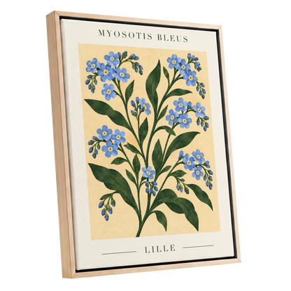 Blue Blooms of Lille, blue, green, beige floral wall art shown as a oak framed canvas wall art