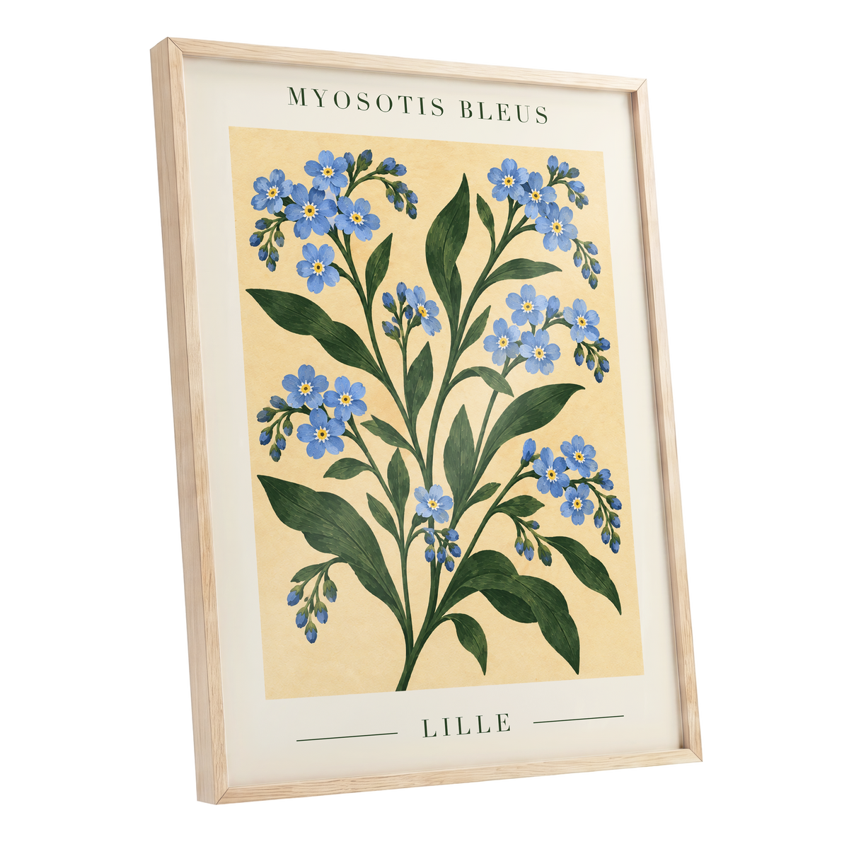 Blue Blooms of Lille, blue, green, beige floral wall art shown as a oak framed poster wall art print