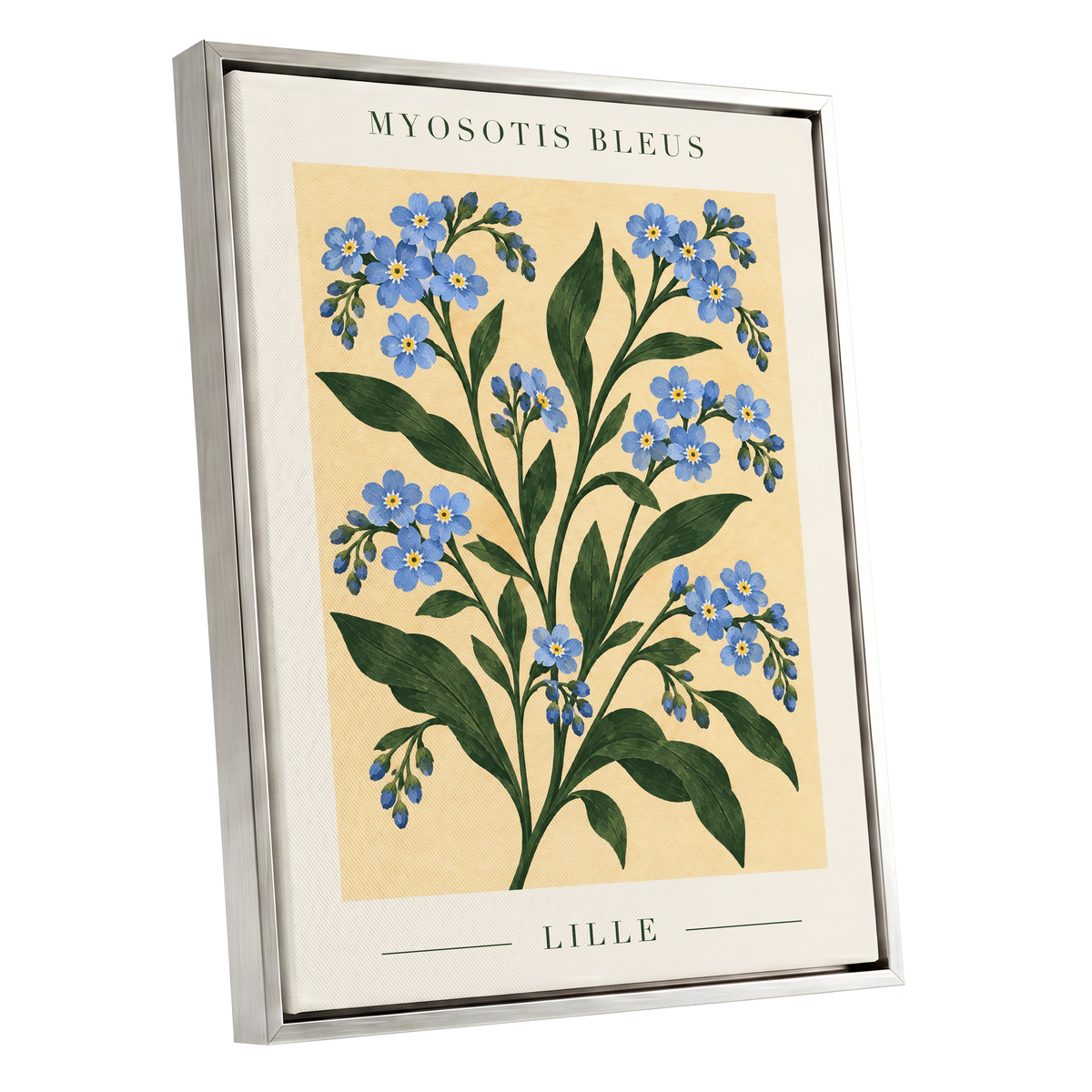 Blue Blooms of Lille, blue, green, beige floral wall art shown as a silver framed canvas wall art