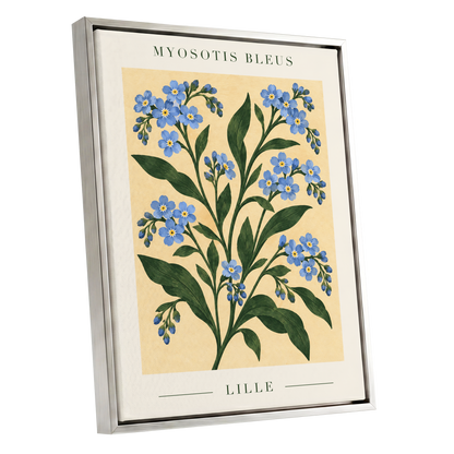 Blue Blooms of Lille, blue, green, beige floral wall art shown as a silver framed canvas wall art