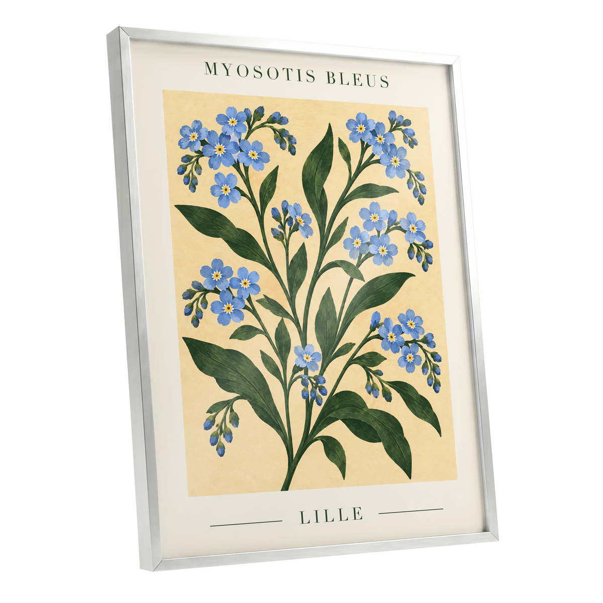 Blue Blooms of Lille, blue, green, beige floral wall art shown as a silver framed poster wall art print