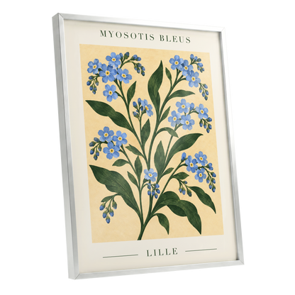 Blue Blooms of Lille, blue, green, beige floral wall art shown as a silver framed poster wall art print