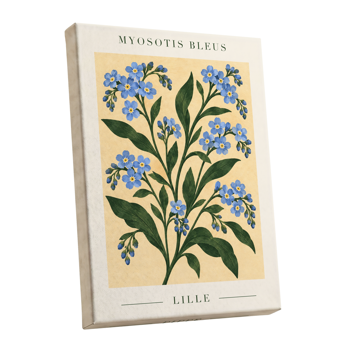 Blue Blooms of Lille, blue, green, beige floral wall art shown as a stretched canvas wall art