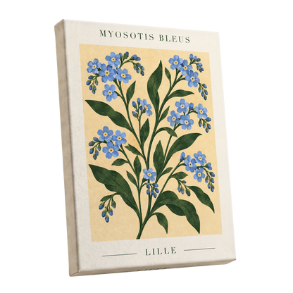 Blue Blooms of Lille, blue, green, beige floral wall art shown as a stretched canvas wall art