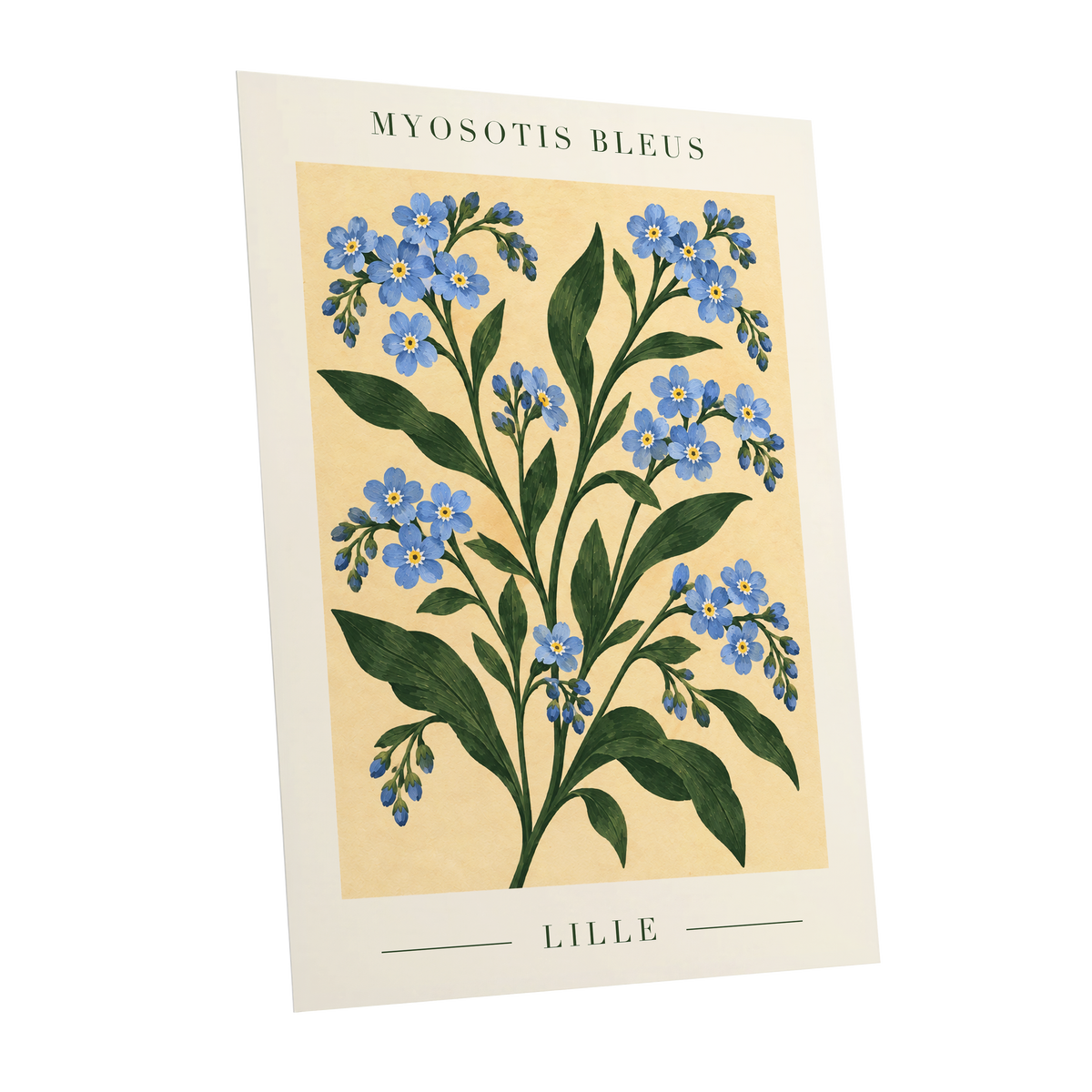 Blue Blooms of Lille, blue, green, beige floral wall art shown as a unframed poster wall art print