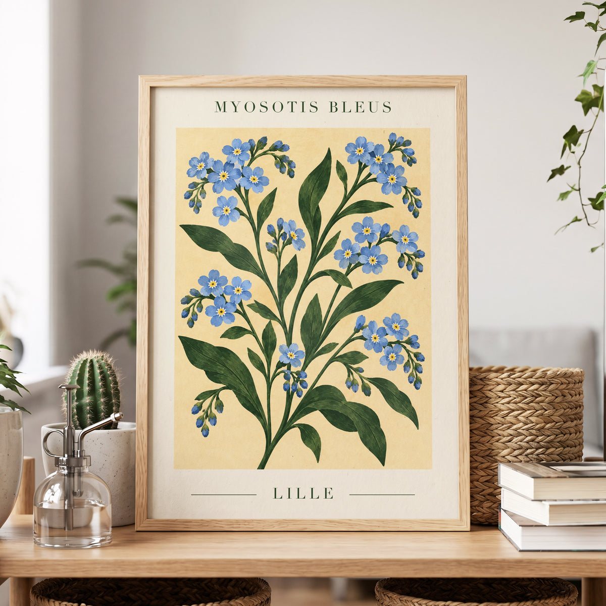 Blue Blooms of Lille, blue, green, beige floral wall art displayed in a styled interior, gallery view 2