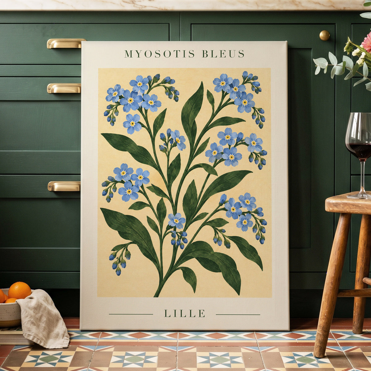 Blue Blooms of Lille, blue, green, beige floral wall art displayed in a styled interior, gallery view 3