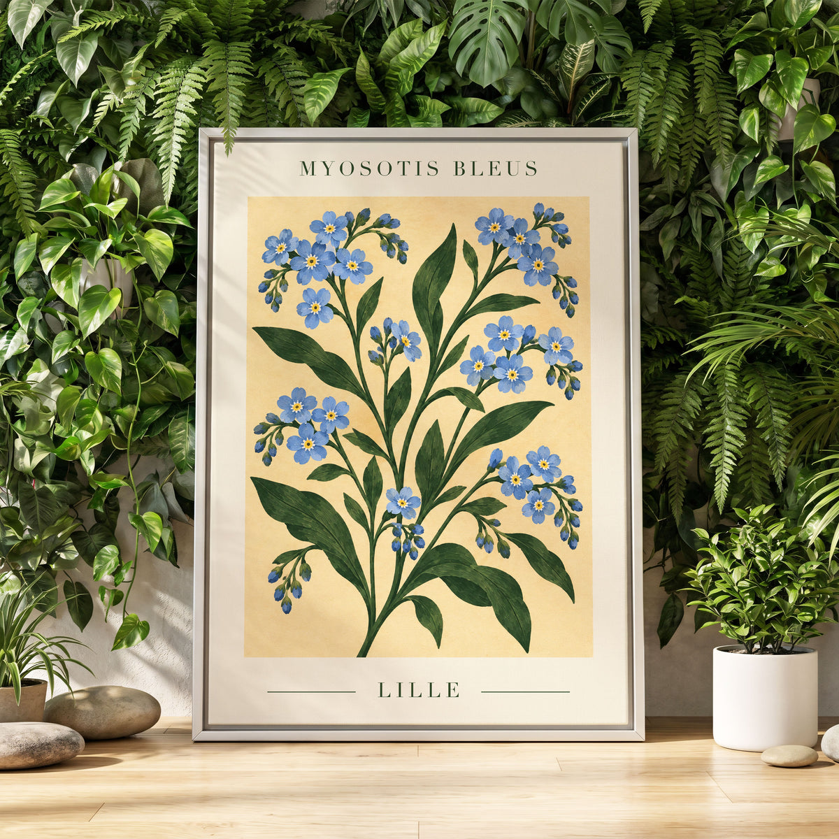 Blue Blooms of Lille, blue, green, beige floral wall art displayed in a styled interior, gallery view 4