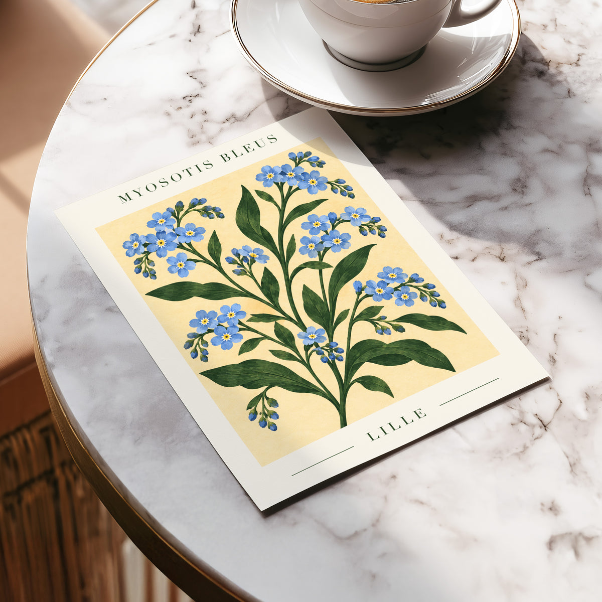 Blue Blooms of Lille, blue, green, beige floral wall art displayed in a styled interior, gallery view 5