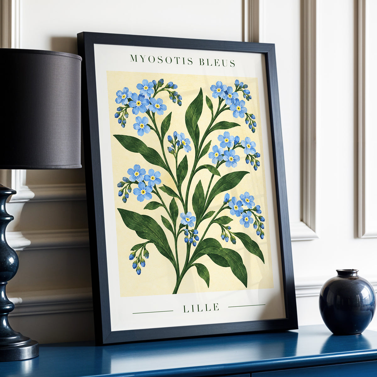 Blue Blooms of Lille, blue, green, beige floral wall art displayed in a styled interior, gallery view 6