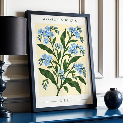 Blue Blooms of Lille, blue, green, beige floral wall art displayed in a styled interior, gallery view 6