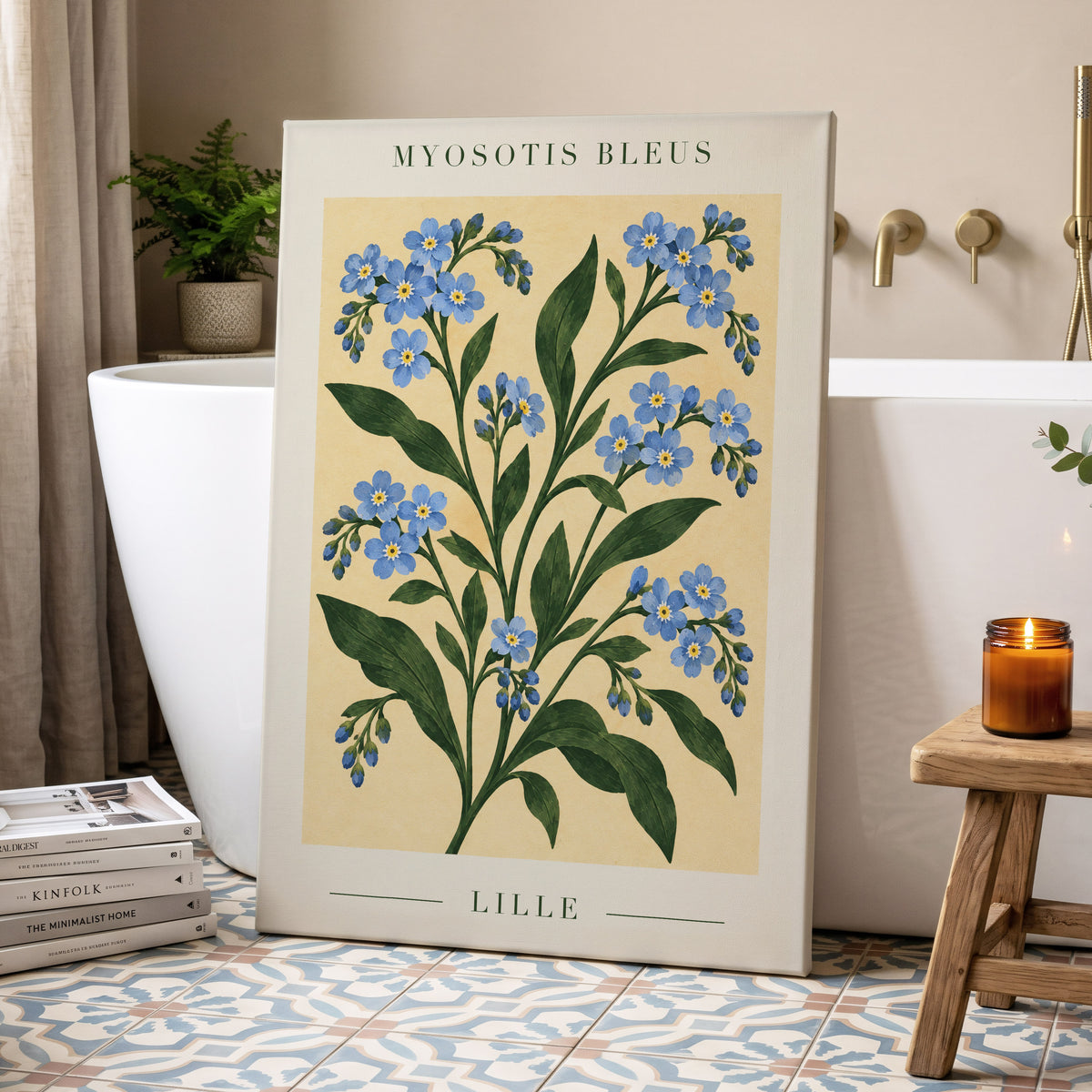 Blue Blooms of Lille, blue, green, beige floral wall art displayed in a styled interior, gallery view 7