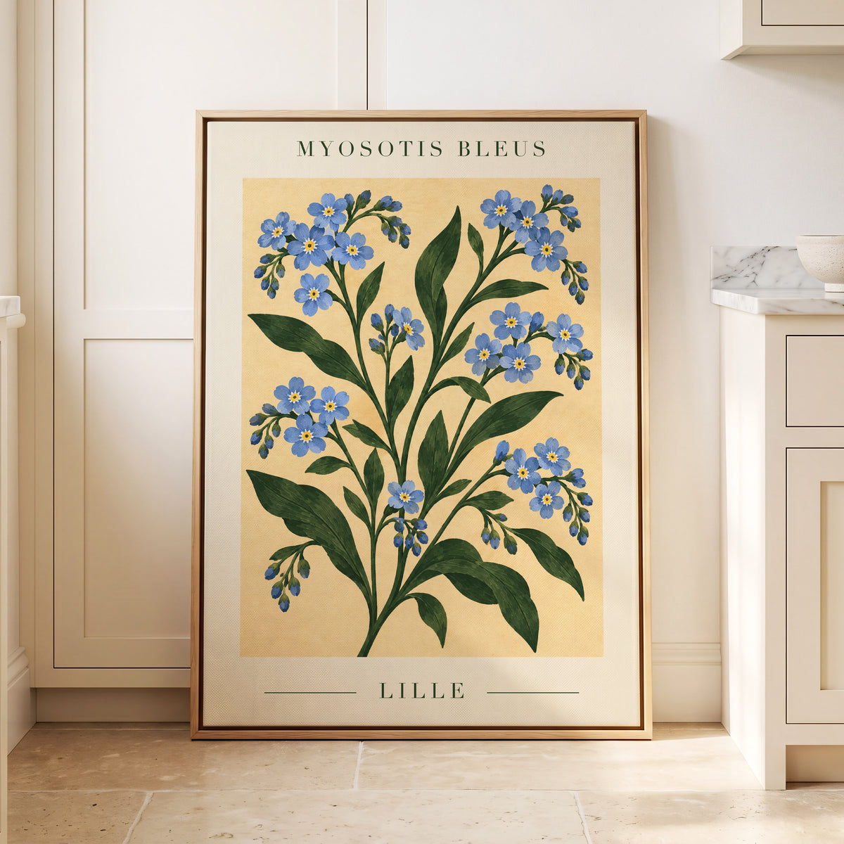 Blue Blooms of Lille, blue, green, beige floral wall art displayed in a styled interior, gallery view 8