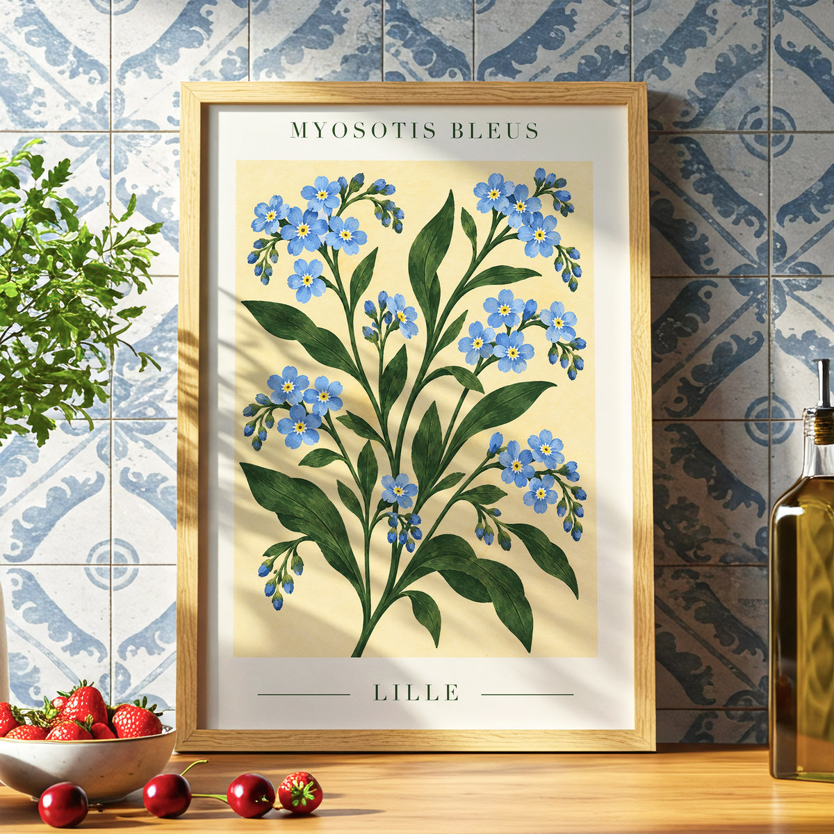 Blue Blooms of Lille, blue, green, beige floral wall art displayed in a styled interior, gallery view 9