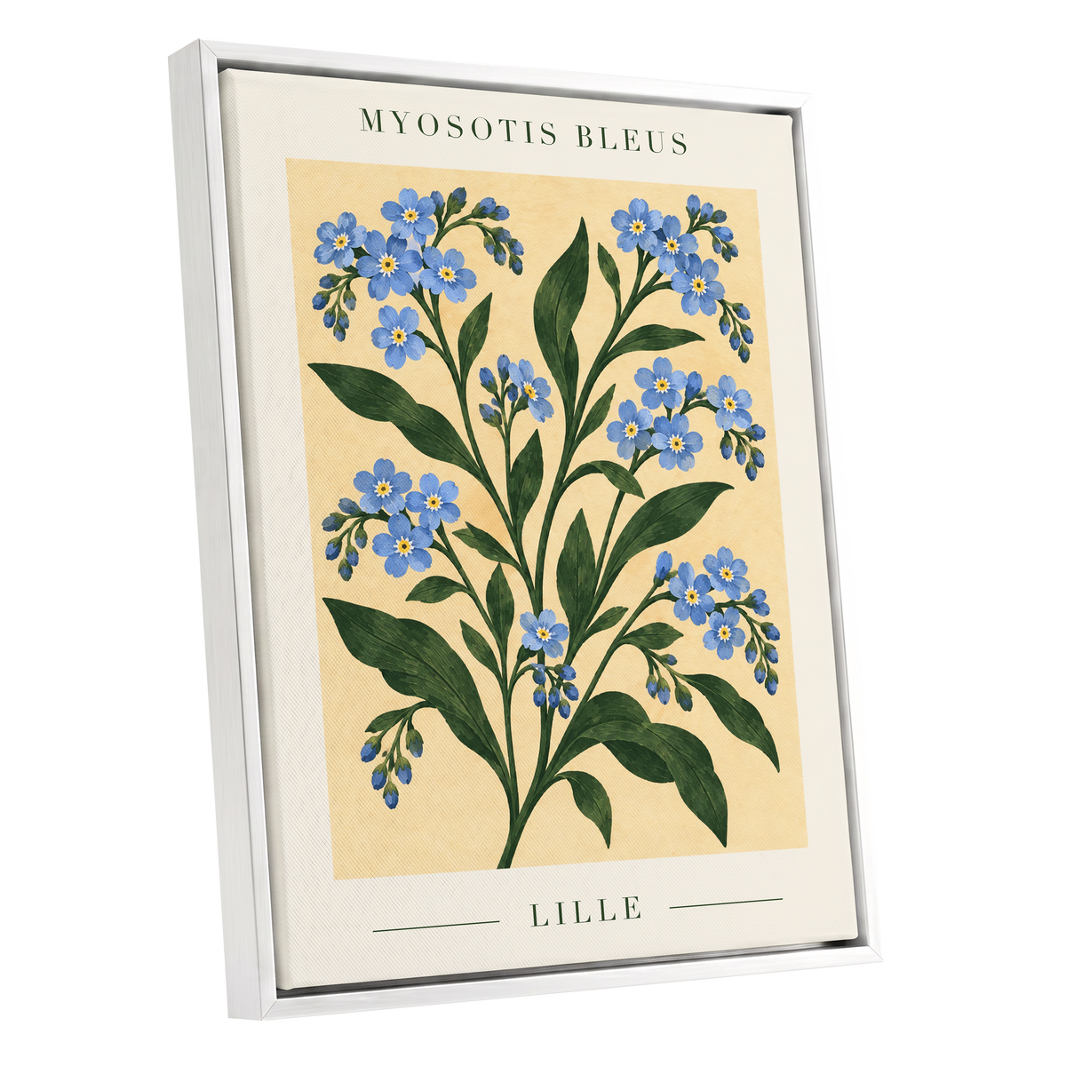Blue Blooms of Lille, blue, green, beige floral wall art shown as a white framed canvas wall art