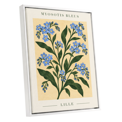 Blue Blooms of Lille, blue, green, beige floral wall art shown as a white framed canvas wall art