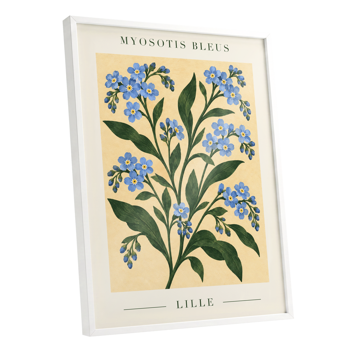 Blue Blooms of Lille, blue, green, beige floral wall art shown as a white framed poster wall art print