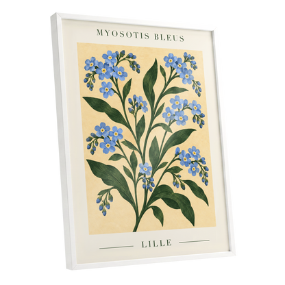 Blue Blooms of Lille, blue, green, beige floral wall art shown as a white framed poster wall art print