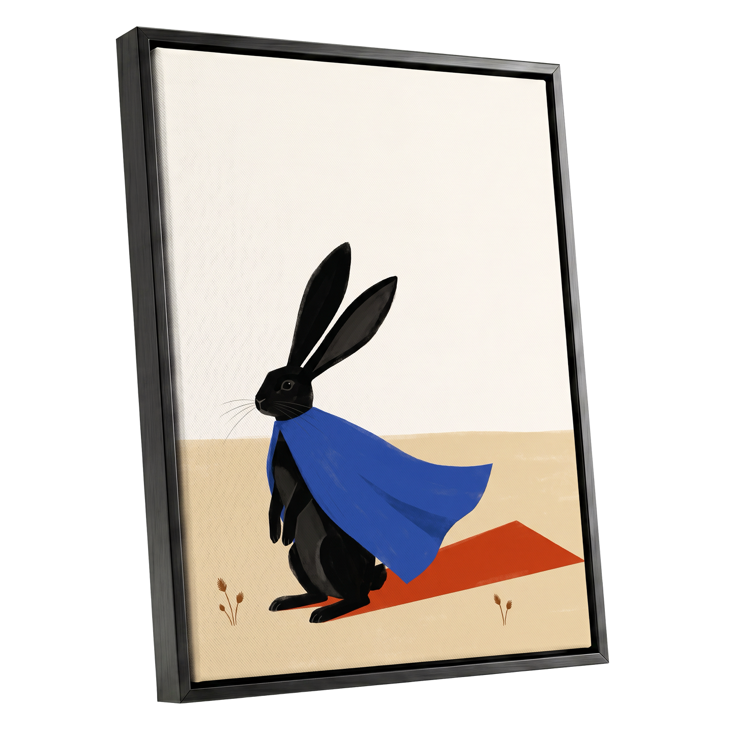Blue Cape Hare, black, blue, beige nature wall art shown as a black framed canvas wall art