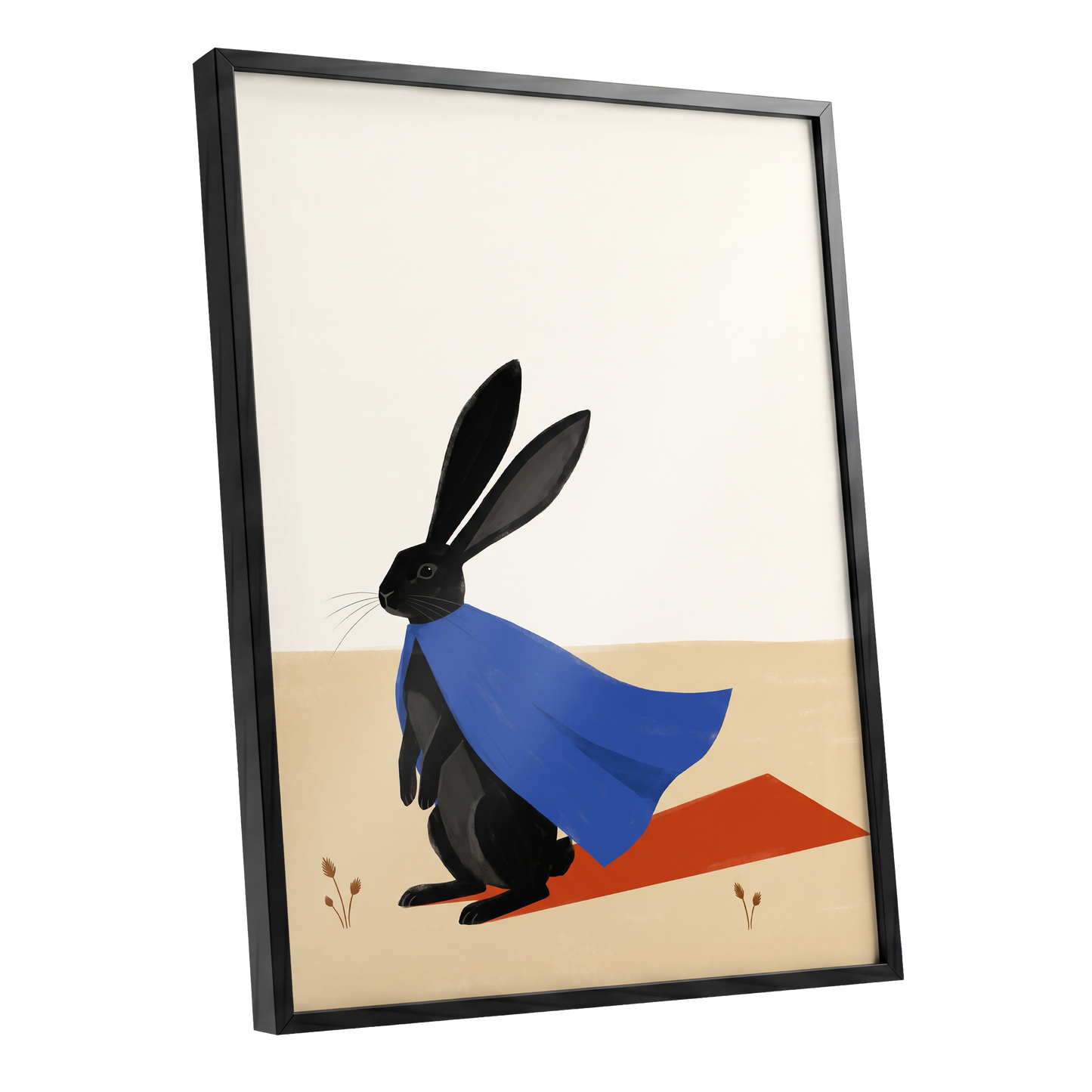 Blue Cape Hare, black, blue, beige nature wall art shown as a black framed poster wall art print