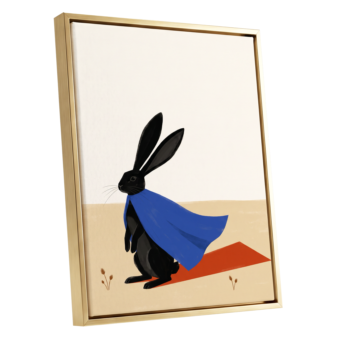 Blue Cape Hare, black, blue, beige nature wall art shown as a gold framed canvas wall art