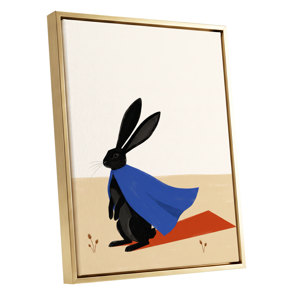 Blue Cape Hare, black, blue, beige nature wall art shown as a gold framed canvas wall art