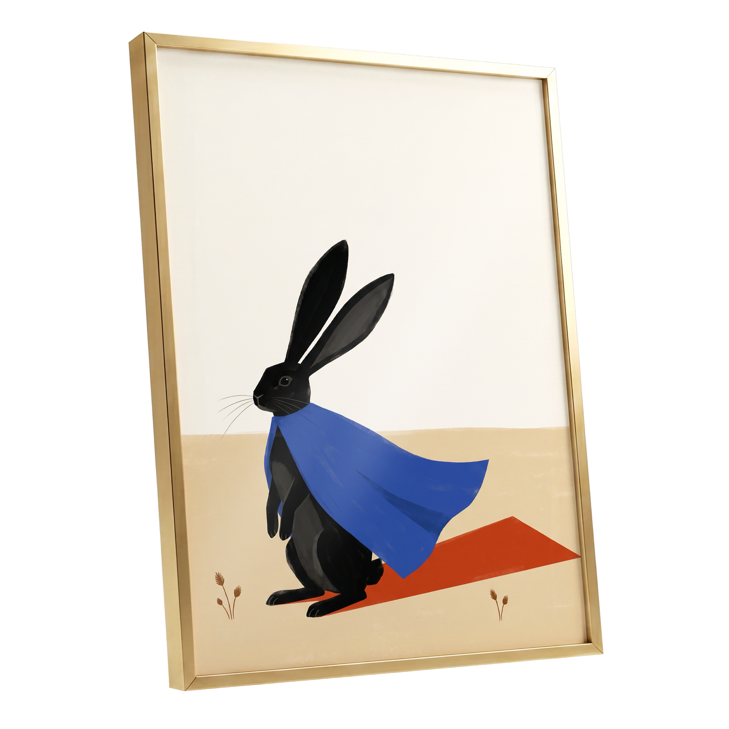 Blue Cape Hare, black, blue, beige nature wall art shown as a gold framed poster wall art print
