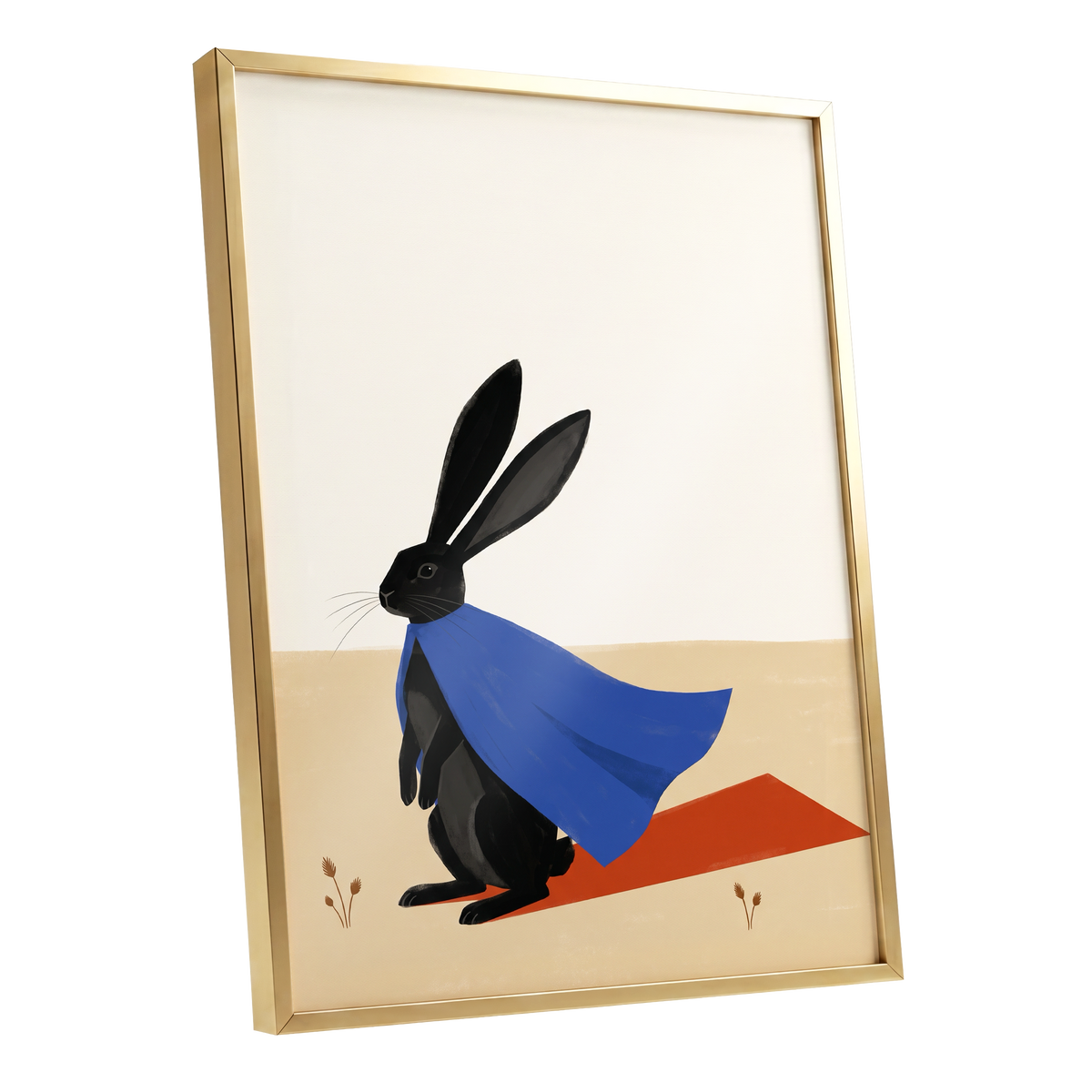 Blue Cape Hare, black, blue, beige nature wall art shown as a gold framed poster wall art print