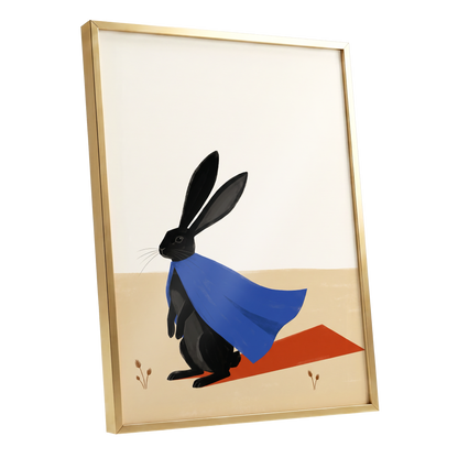 Blue Cape Hare, black, blue, beige nature wall art shown as a gold framed poster wall art print