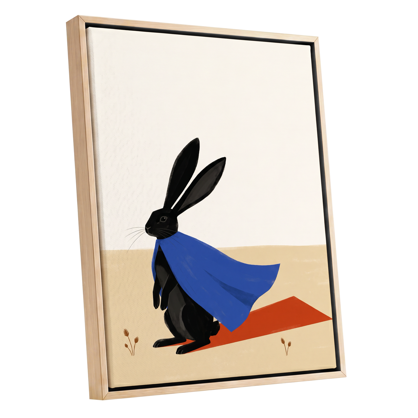 Blue Cape Hare, black, blue, beige nature wall art shown as a oak framed canvas wall art