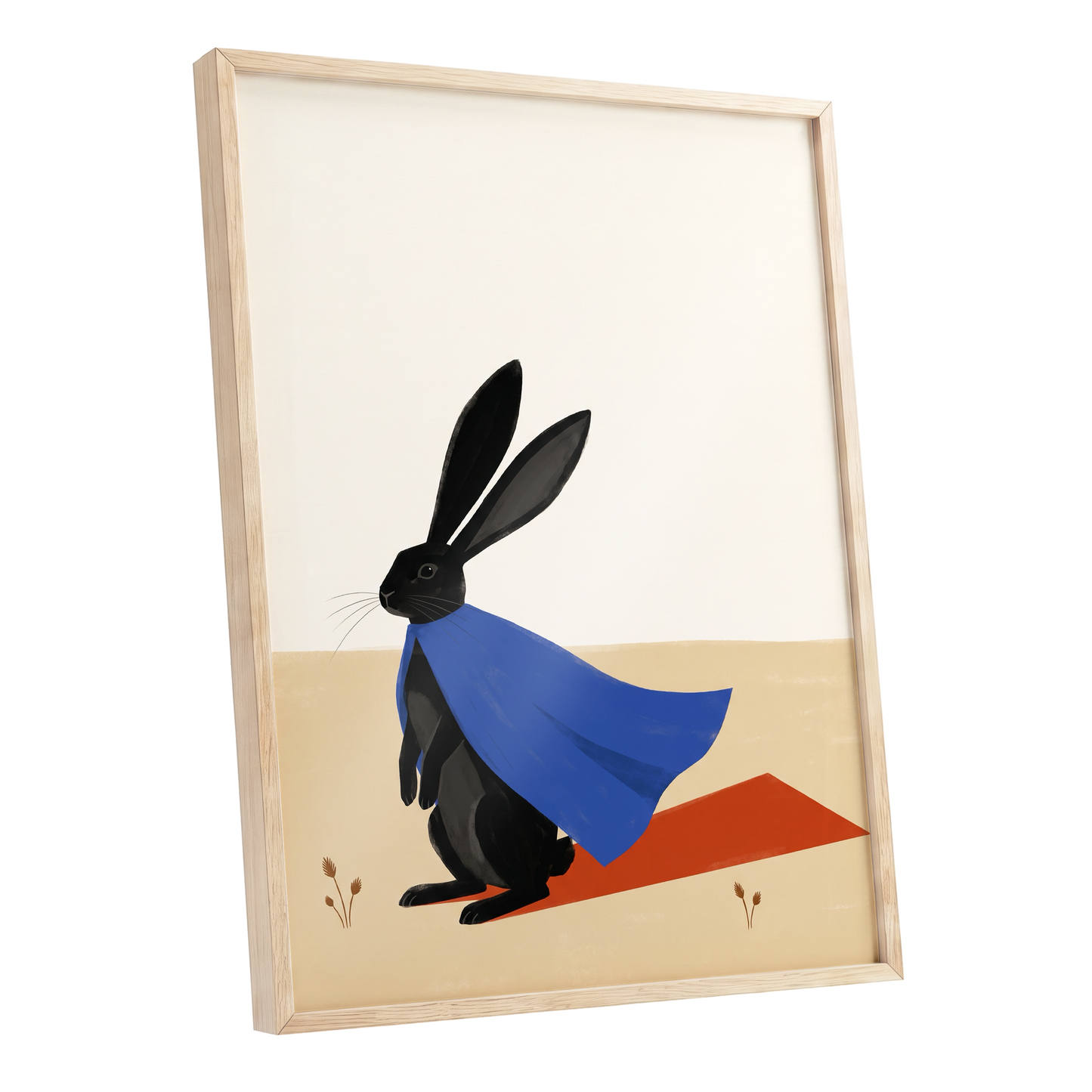 Blue Cape Hare, black, blue, beige nature wall art shown as a oak framed poster wall art print