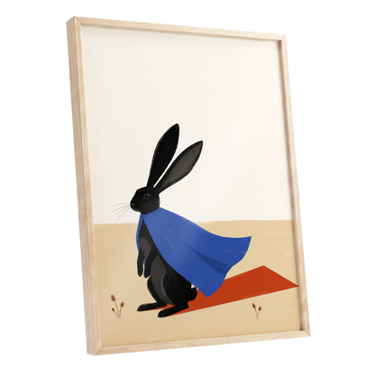 Blue Cape Hare, black, blue, beige nature wall art shown as a oak framed poster wall art print