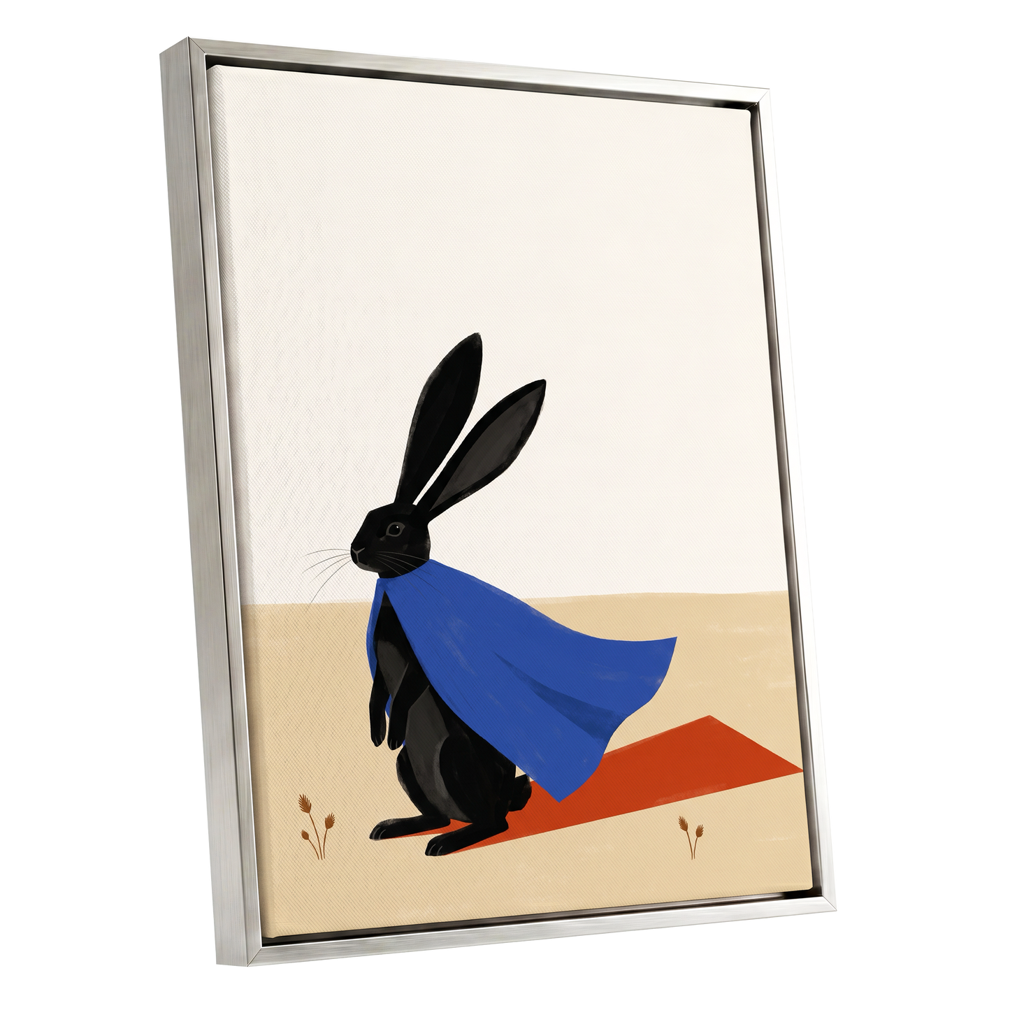 Blue Cape Hare, black, blue, beige nature wall art shown as a silver framed canvas wall art