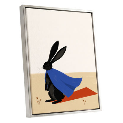 Blue Cape Hare, black, blue, beige nature wall art shown as a silver framed canvas wall art