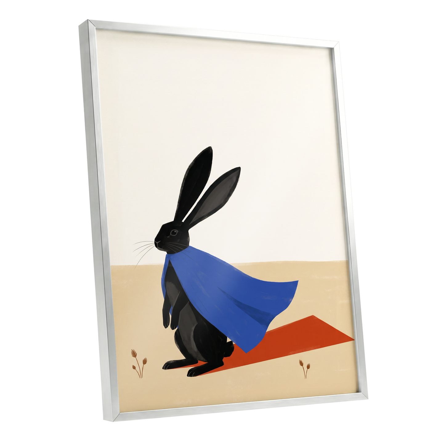 Blue Cape Hare, black, blue, beige nature wall art shown as a silver framed poster wall art print