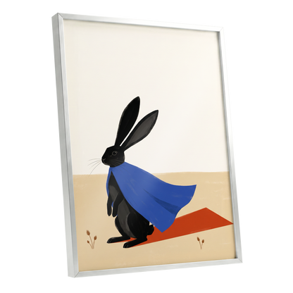 Blue Cape Hare, black, blue, beige nature wall art shown as a silver framed poster wall art print