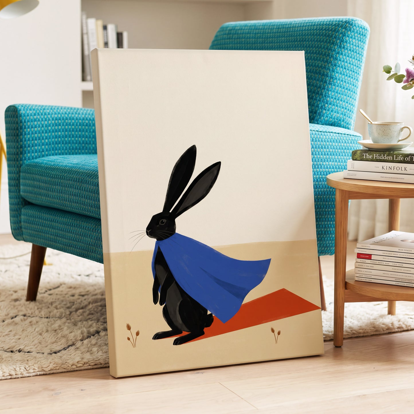 Blue Cape Hare, black, blue, beige nature wall art displayed in a styled interior, gallery view 3