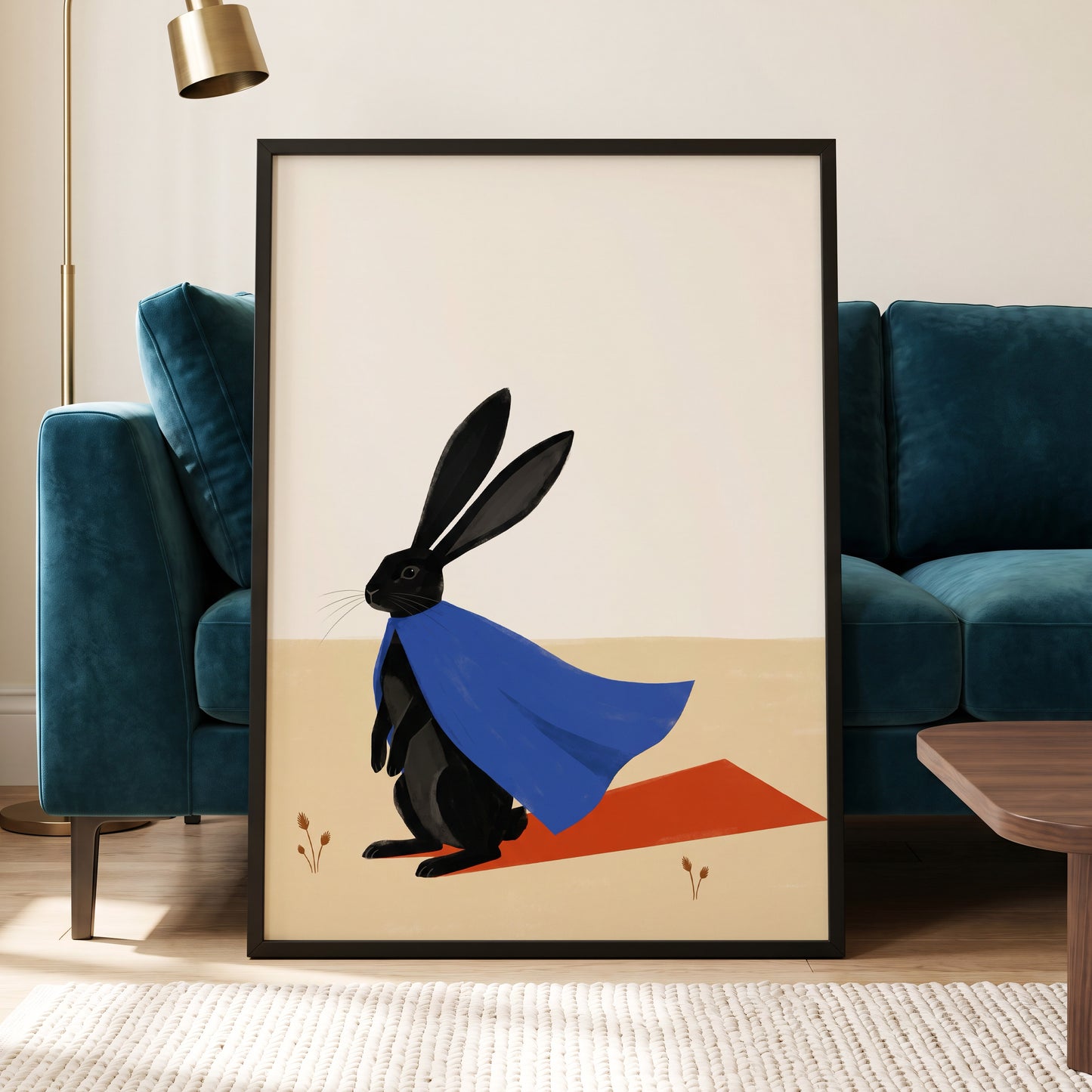Blue Cape Hare, black, blue, beige nature wall art displayed in a styled interior, gallery view 6
