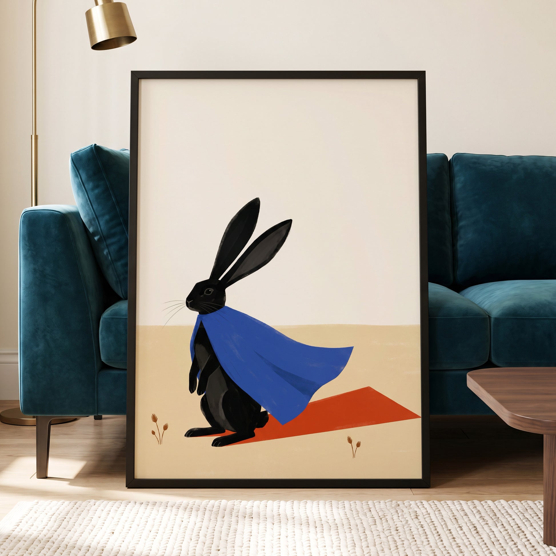Blue Cape Hare, black, blue, beige nature wall art displayed in a styled interior, gallery view 6