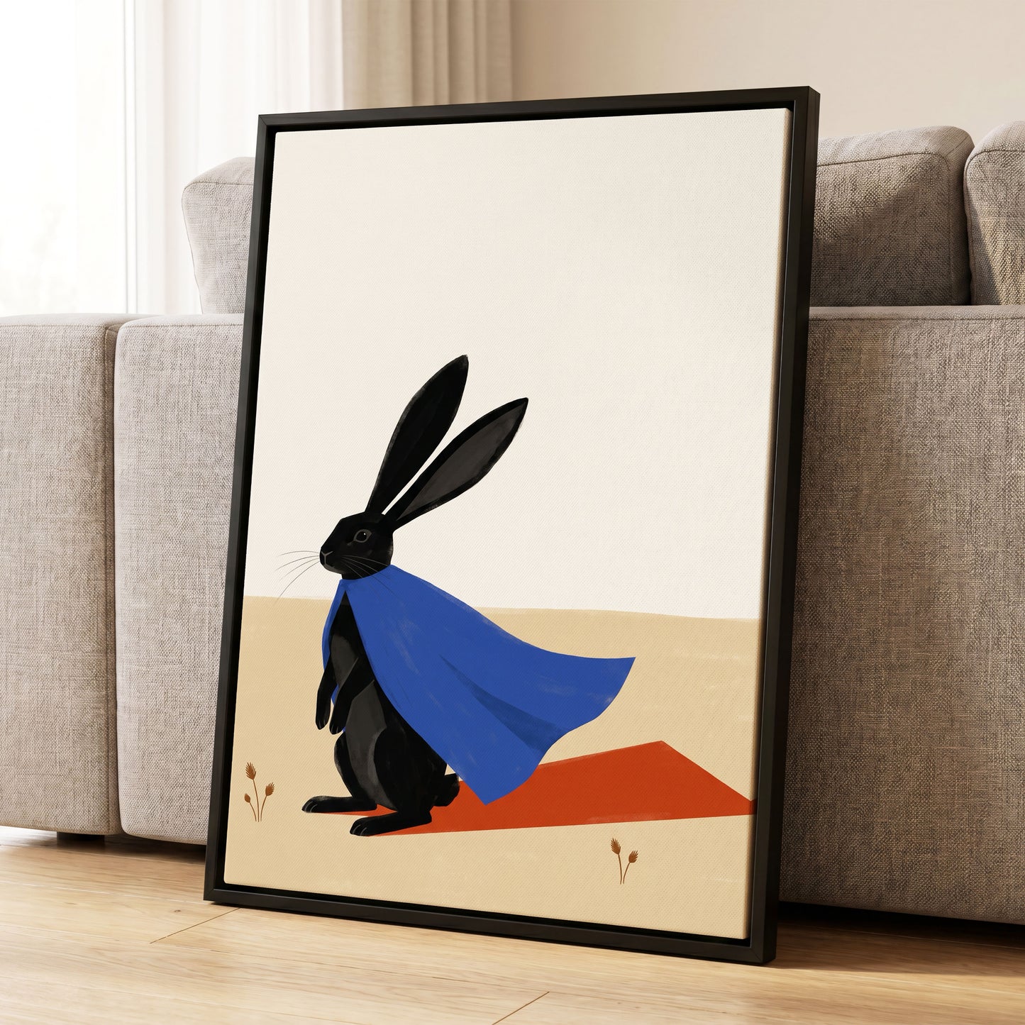 Blue Cape Hare, black, blue, beige nature wall art displayed in a styled interior, gallery view 8
