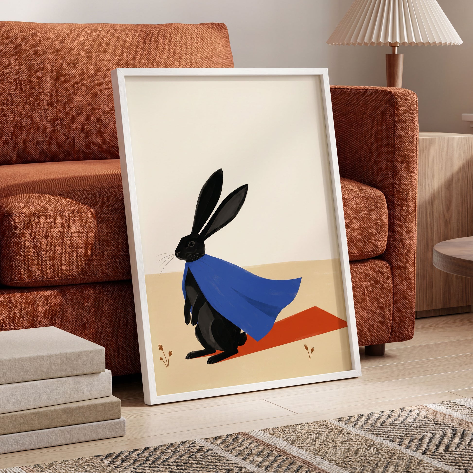 Blue Cape Hare, black, blue, beige nature wall art displayed in a styled interior, gallery view 9