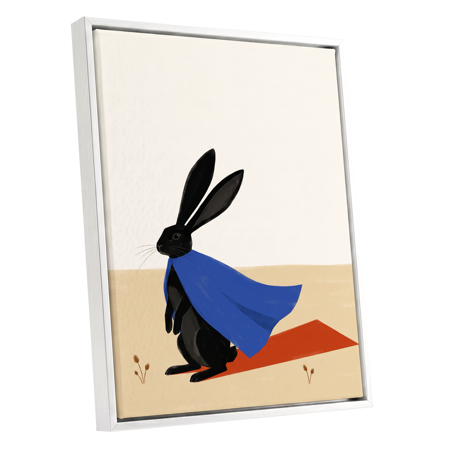 Blue Cape Hare, black, blue, beige nature wall art shown as a white framed canvas wall art